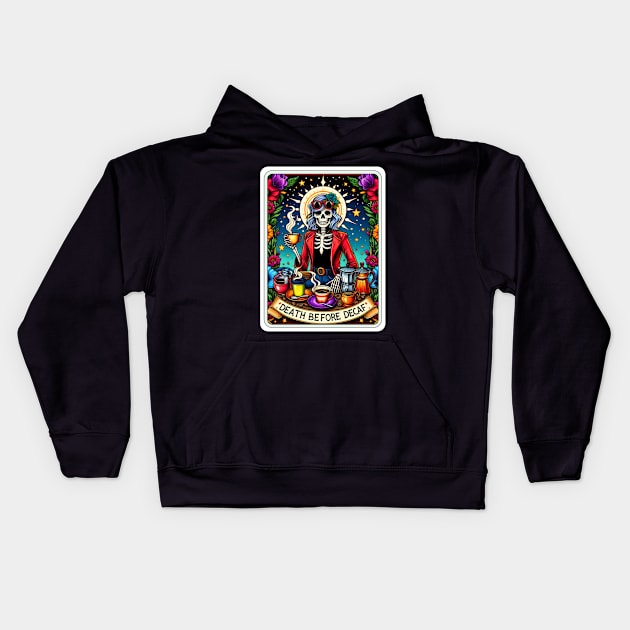 Death Before Decaf Skeleton Kids Hoodie by Printme Darling